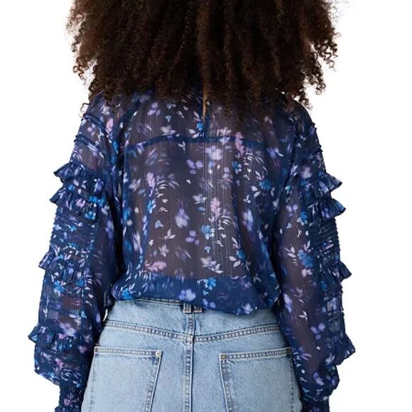 French Connection Blue Floral Ruffle High Neck Long Sleeve Top | M - Picture 2 of 11